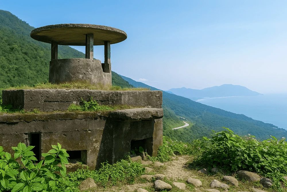 Weathered French and American bunkers near Hai Van Pass summit