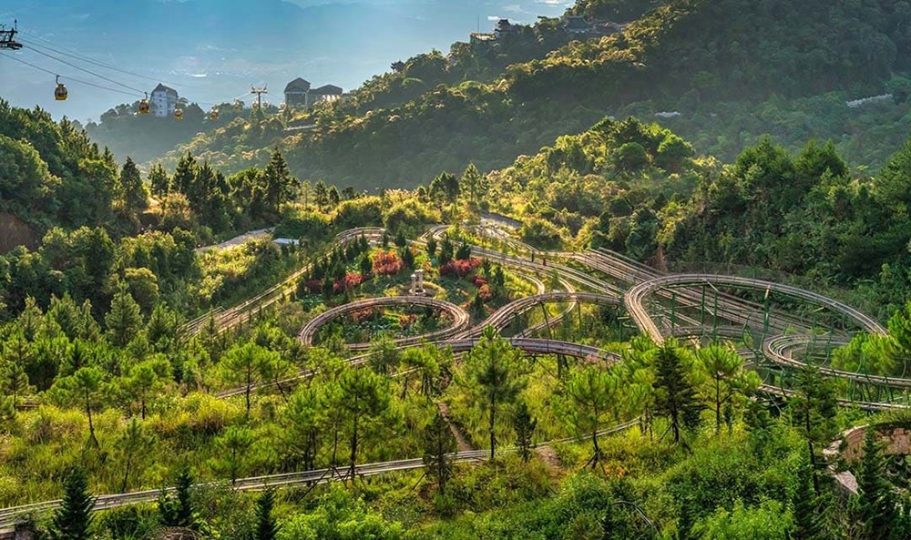 Pine forest switchbacks on the Ba Na Hills motorbike tour